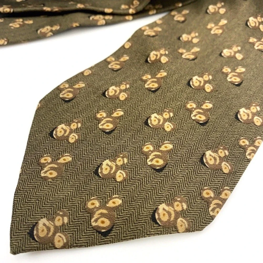 Walt Disney World Tie Silk Khaki Green Brown Men's Hand Made Mickey Head Necktie